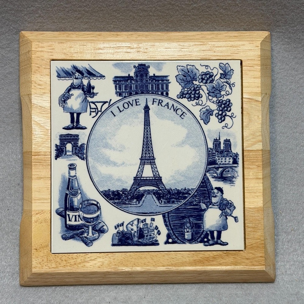 Vintage Delft Style France Ceramic Tile Trivet Hot Plate Eiffel Tower Wood Frame